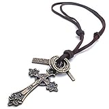 CASOTY Retro Cross Pendant Necklace Leather Cord Stainless Steel Vintage Necklace
