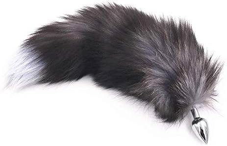 Fluffy Gray Fox Tail Stainless Steel Fun Plug Fur Cosplay Toy for Women Men