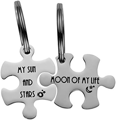 seenseaHaoflower Valentine's Day His and Hers Puzzle 2 Piece Pendants Necklace Key Chain Set 2 Couples Stamped Chain Jewelry Gift