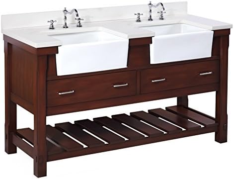 Charlotte 60-inch Double Bathroom Vanity (Quartz/Chocolate): Includes a White Quartz Countertop, Chocolate Cabinet with Soft Close Drawers, and White Ceramic Farmhouse Apron Sinks