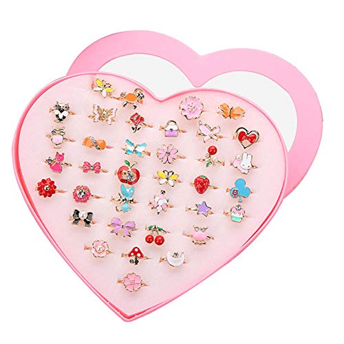 SUNMALL 36 pcs Little Girl Adjustable Rings in Box, Children Kids Jewelry Rings Set with Heart Shape Display Case, Pretend Play and Dress up Rings, Random Shape and Color