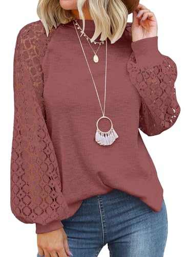 MIHOLL Women's Long Sleeve Tops Lace Casual Loose Blouses T Shirts Rust at Amazon