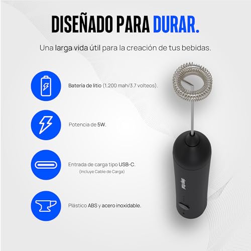 Sleep Ritual Espumador de Leche Recargable con 3 Velocidades. Batidor Premium de Mano Cargado Rapido Ideal para Agua o Leche. Milk Frother