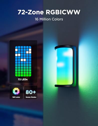 Govee Outdoor Wall Lights Pro, 2 Pack, 2000LM, RGBICWW 72-Zone Customization, Music-Sync, IP67 Waterproof for Outdoor Decor, Porch, Garage, Yard, Patio, Compatible with Alexa, Google Home and Matter