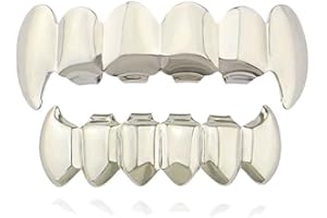 Psivika Gold Plated Shiny Hip Hop Teeth Grillz Caps Iced Out CZ Top and Bottom Vampire Fangs Grillz for Men and Women