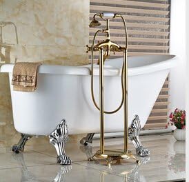 Galvanik Retro Wasserhahn Gross Und Einzelhandel Luxus Golden Brass Badezimmer Dusche Wasserhahn Boden Montiert Frei Stehende Wanne Fuller Keramik Griff Feldspritze Klar Amazon De Baumarkt