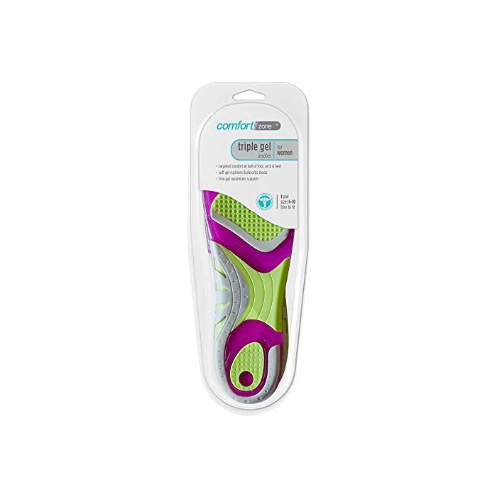 Comfort Zone Triple Gel Insoles for Women, Sizes 6-10, 3 Pack