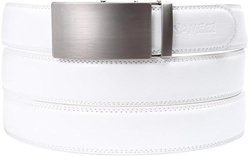 YAMEZI Men's White Leather Contracted Ratchet Dress Belt with Automatic Buckle