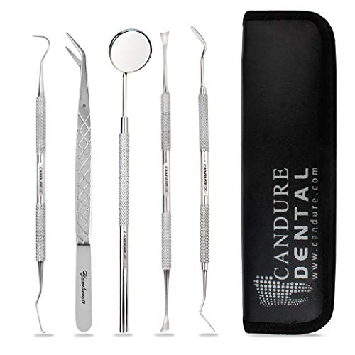 Candure Dental Tools Kit 5 Pcs Oral Care Dental Pick Hygiene Set with Tooth Tarter Scraper Plaque Remover Dentist Mirror and Scaler Stainless Steel