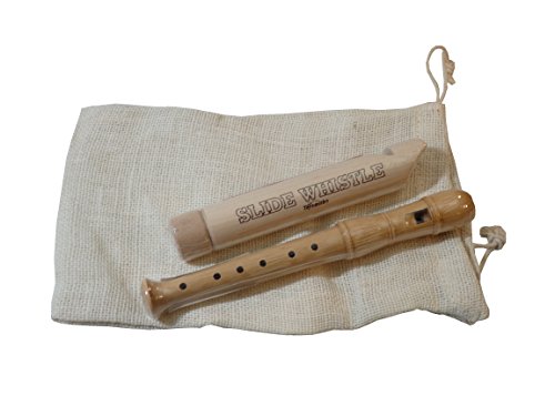 10 Pack Party Favor Goody Bags - Children's Wooden Musical Instruments in Individual Cotton Drawstring Goody Bag - Slide Whistle and Flute