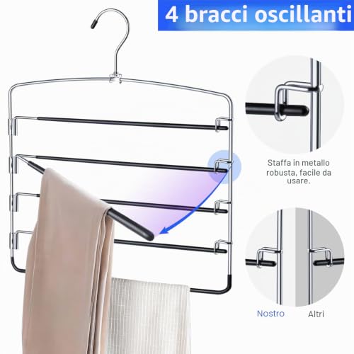 WEKIWGOT Set of 3 Space Saving Trouser Hangers, Multifunctional Hangers with 4 Swivel Arms and 5 Non-Slip Covers for Trousers, Jeans, Towels and Scarf