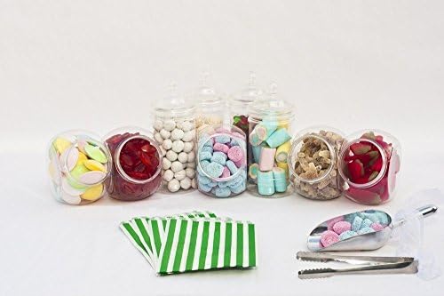 Wedding Sweet Table Kit: x10 Jar, x2 Tongs & 100 Candy Stripe 5"x7" Sweet Bags (Choose Sweet Bag Colour: Pink Blue Purple Red Green Grey Black Yellow) Candy Bar Buffet (Green Sweet Bags x100)