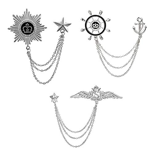 Huture 3packs Men's Elegant Brooch Wing Tassel Chain Brooch Rudder Brooch Shield Brooch Lapel Pin Badge Brooch Rhinestone Badge Vintage Corsage for Men Tie Hat Scarf Suit Tuxedo Silver - Thumbnail 7