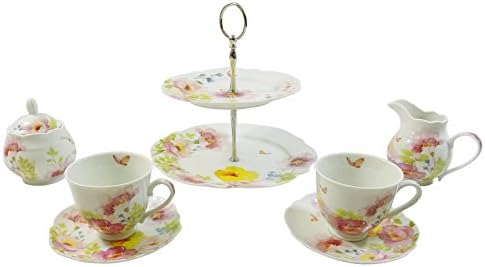 WATERCOLOUR-STYLE FLOWERS PINK PORCELAIN CUPS SAUCERS CAKE STAND JUG&amp;SUGAR BOWL
