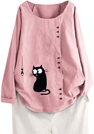 Womens Shirts Pullover Sale Toamen Plus Size Long Sleeve Cute Print Button Casual Loose Cotton Linen Tops Blouse