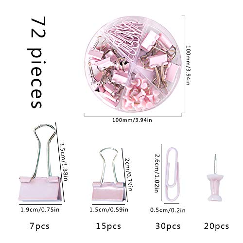 72 Pcs Office Supplies Kits,Including 22 Binder Clips/30 Paperclips/20 Push Pins Thumb Tacks,School Desk Accessories Organizer with Box for Office,School and Home Supplies Pink