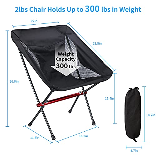 Hatsutec Portable Folding Camping Chair 2lbs Compact Ultralight Foldable Backpacking Chairs, Aluminum Alloy Frame Outdoor Chair Holds Up to 300lbs for Camping, Backpacking, Hiking,Travel(Black)