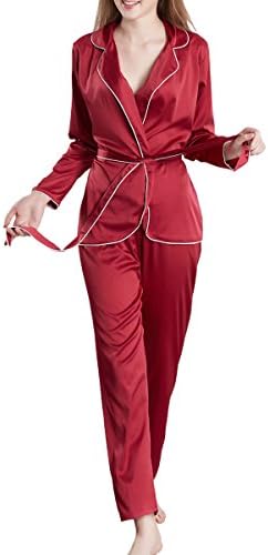 MANSIDUN Womens Silk Satin Pajamas Set Long Sleeve and PJ Pants Sleepwear Loungewear (M=US(0,2), Red)