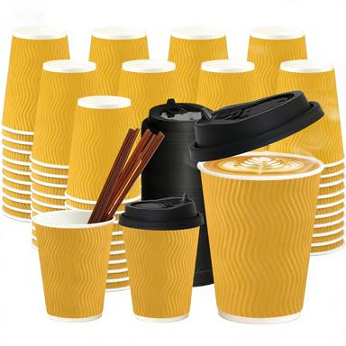 Photo 1 of 12 oz Yellow Ripple Paper Coffee Cups with Lids and Straws, 50 Pack Disposable Corrugated To-Go Cups for Hot & Cold Beverages, Ideal for Cafes, Offices, Events, and Parties