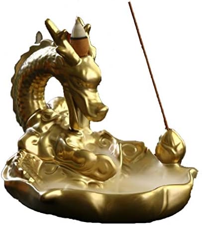 LLFS Ceramic Censer Smoke Backflow Incense Burner Holder Gold Dragon Incense Burner with 10 Free Cones (2)