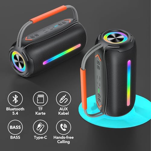 Portable Bluetooth Speaker with Handle, 40W Powerful Stereo Sound with Dual Bass Drivers, RGB Lights, IPX7 Waterproof, 30H Playtime, TWS Pairing/AUX/TF, Wireless Speaker for Party/Outdoor/Travel