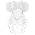 JIAHANG Bridal Veil Mouse Ear Bow Headband with Flowers, White Honeymoon Wedding Headpiece, Bachelorette Party Headwear for Women Girls