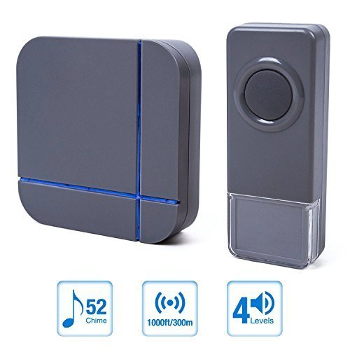Wirelesss Doorbell Grey, Plug in Waterproof Doorbell Kit, Best Cordless Door Chime With 1000 feet / 300m Range, 52 Chimes, IP65 Waterproof Button, 4-Level Volume & Blue LED Light, Fashion Electric Doorbell Appropriate for Home, Office - Top