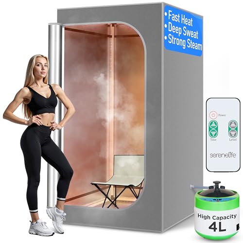 SereneLife Portable Steam Sauna for Home, 1-Person Full Body Sauna Tent with Remote Control, Heated Foot Pad & Foldable Chair, 1600W Fast Heating Indoor Spa for Relaxation, Detox & Stress Relief