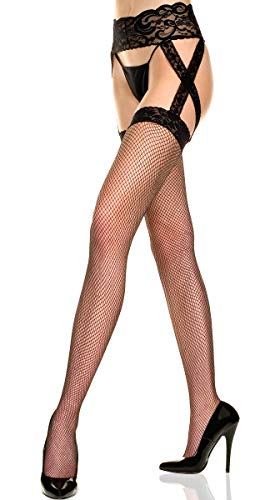 MUSIC LEGS Women's Plus-Size Criss Cross Lace Fishnet Garterbelt Stockings, Black, One