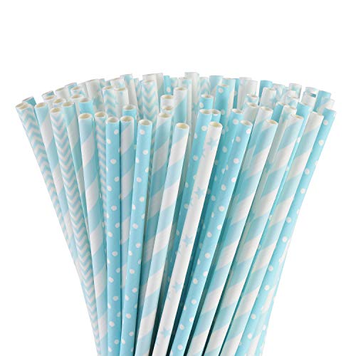 ALINK Biodegradable Light Blue White Paper Straws, Pack of 100 Party Straws for Juice, Cocktail, Smoothies, Birthday, Wedding, Bridal/Baby Shower and Celebration Supplies