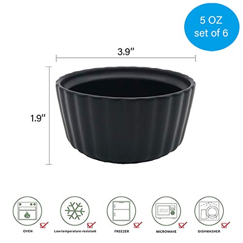 BonNoces 5 Ounce Porcelain Ramekins/Souffle Dishes - Elegant Matte Color Baking Cup for Pudding, Ice Cream and Creme Brulee - Set of 6 (Black)