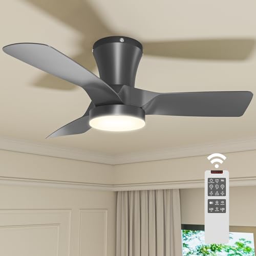 Ceiling Fan with Light and Control 80 cm for Low Ceilings, Silent DC Motor with Memory, 6 Speeds, Adjustable 3000-6000K, Timer, Reversible Summer/Winter, for Bedroom Living Room, Black