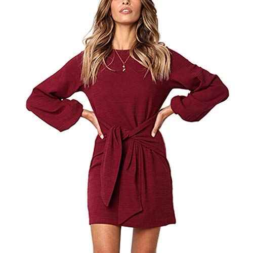EbuyGo Women\'s Long Sleeve Casual Round Neck Wear to Work Casual Pencil Dress Belt