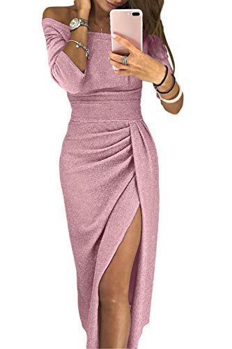 HUUSA Knitted Black Midi Dress for Womens 3/4 Sleeve Off Shoulder High Waist Slit Ruched Evening Party Wedding Dress Small (4-6) Pink - Thumbnail 7