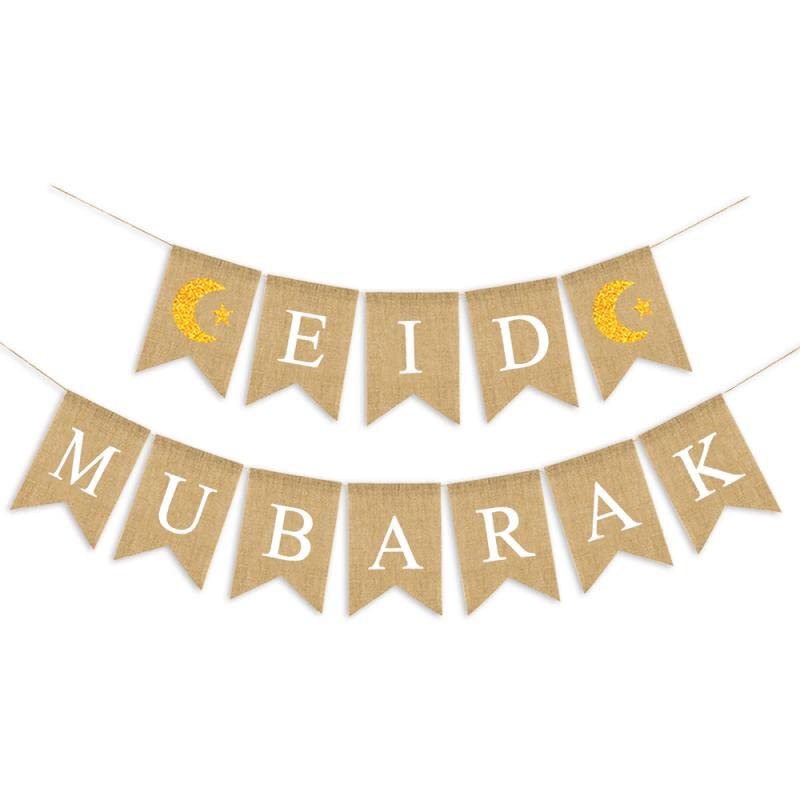 SWSATYW Burlap Eid Mubarak Banner With Moon And Star Signs Muslim Fireplace Mantel Supplies Decoration