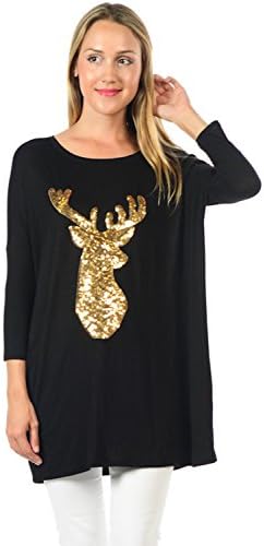The Clothing Shop Women's 3/4 Sleeve Sequins Reindeer Patch Relaxed Fit Tunic Top (2X-Large, Black)
