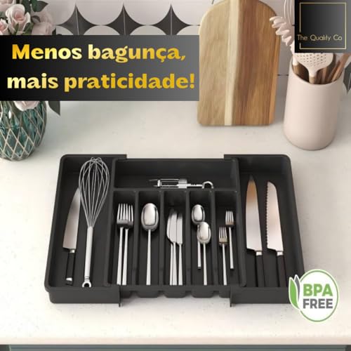 Porta Talheres Organizador Gaveta Ajustável com 8 Divisórias Preto Bandeja Grande Divisor Versátil para Cozinha Ideal Talher Utensílios Facas Suporte Separador Plástico Resistente.