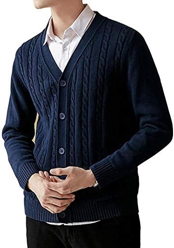 Libetter ケーブルニット カーディガン メンズ 厚手 秋冬 ニット ジャケット 無地 Vネック セーター ボタン 綿 仕事 学生