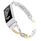 Wearlizer Compatible with Fitbit Charge 3 Bands and Charge 3 SE for Women Metal Replacement Charge 3 hr Band Strap with Bling Rhinestone Bracelet Bangle (Gold+Silver(Upgrade))