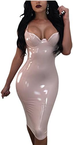 Menglihua Sexy Leather Slit Midi Bodycon Spaghetti Strap Backless Club Dress for Women Pink Medium