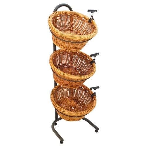 FixtureDisplays 3 Tier Basket Stand, Sign Clips, Wicker - Black 19425