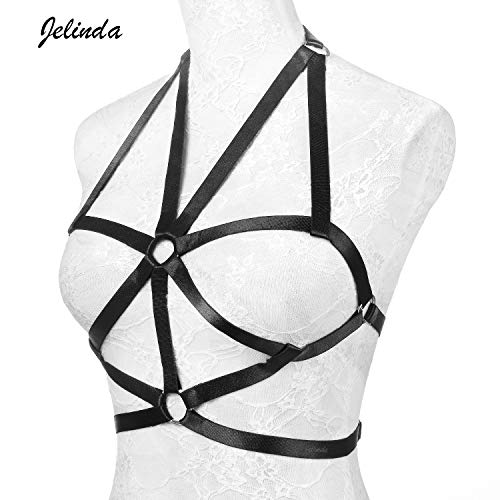 JELINDA Harness Bra Women - Fashion Elastic Strappy Halter Harness Bralette Bra Garter Cupless Body Cage Bra Black (Y059-K)