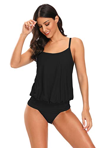 AOVXO Tankini Swimsuits for Women 2 Piece Flared Swimwear Tankini Top with High Waisted Triangle (Black, US8~10)