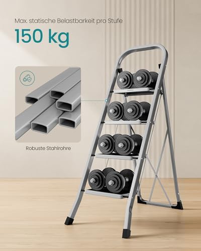 Trittleiter, Leiter mit 4 Stufen, Klapptritt, Klappsicherung, einfach zu verstauen, bis 150 kg belastbar, Taubengrau GSL004G01