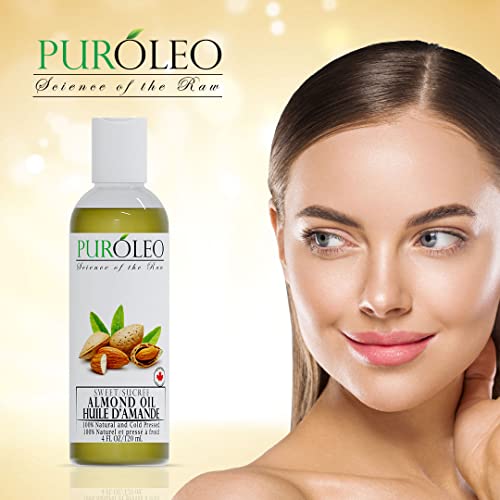 PUROLEO SWEET ALMOND OIL 4 FL OZ/120 ML 100% NATURAL AND PURE | MOISTURIZER & CARRIER OIL | BEAUTY & DIY BLENDS, MASSAGE OIL, BODY OIL, HAIR OIL AND BABY OIL | MADE FROM ALMONDS RAW