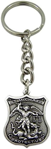 Pewter Catholic Patron Saint Michael Policeman Badge Key Chain, 3 1/2 Inch