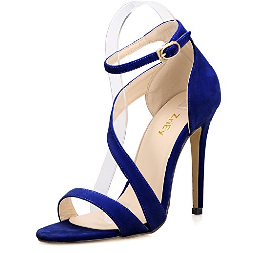 ZriEy Women's Ladies Strappy Thin High Heel Sandals Ankle Strap Cuff Peep Toe Shoes Sexy Comfortable Elegant Velvet Blue Size 7.5