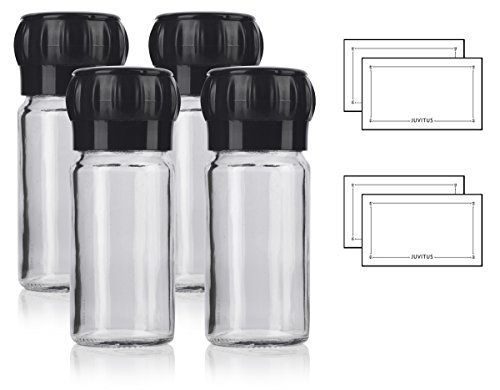 Clear Glass Refillable Spice Jar with Black Grinder and Snap On Cap 3.4 oz / 100 ml (4 pack)