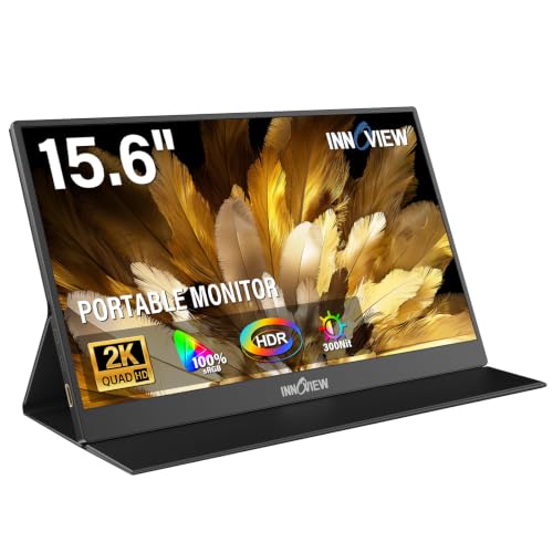 InnoView 15,6" 2K QHD Tragbarer Monitor für Laptop, mobiler Zweitbildschirm mit Lederhülle,90° verstellbarem Standfuß,USB-C und HDMI,ultraschlank für MacBook,PS