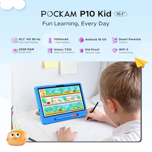 POPUX P10 Kid Tablet 10 Inches, Tablet for Children with 32GB RAM+64GB ROM, 90Hz Android 16 Tablet with Gemini AI, T310 Quad-Core, 7000mAh, 5G WiFi, 8MP+5MP, Tablets with Pen, Silicone Case, Blue